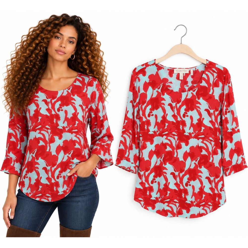 Soft Surroundings Siesta Key Tunic Top Size Large Red Mint Floral Crinkle Gauze